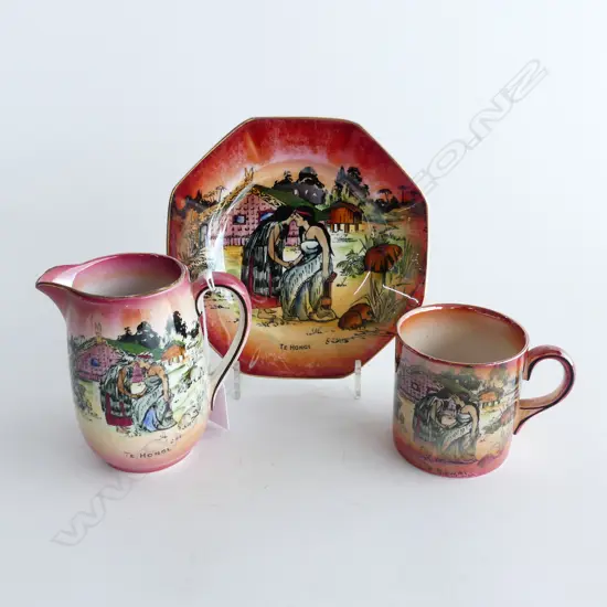 GRIMWADES 'MAORI WARE' TE HONGI CUP, SAUCER & JUG H.100mm