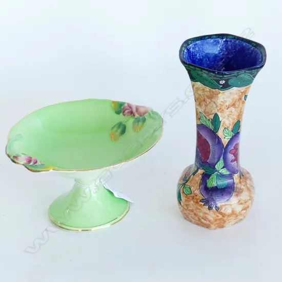 GREEN ROYAL WINTON COMPORT, 170 x 90mm & TALL MALING POMMEGRANATE LUSTRE VASE, H. 174mm