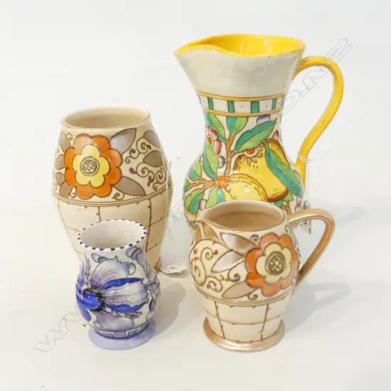 4 PCES CHARLOTTE RHEAD BURSLEY WARE, 2 JUG & 2 VASES H.170mm...