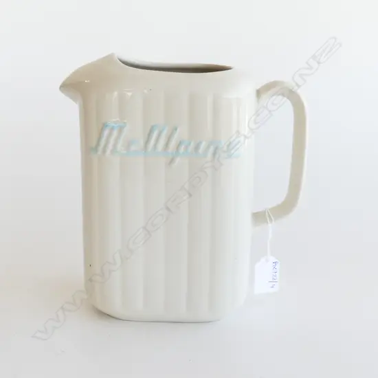 CROWN LYNN MCALPINE JUG WHITE WITH BLUE LETTERING