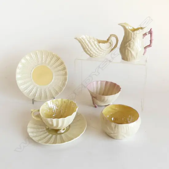 7 PCES BELLEEK BLACK LABEL; TRIO, 2 SUGAR BOWLS, 2 MILK JUGS