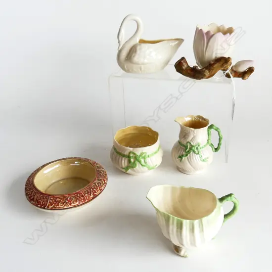 6 PCES BELLEEK BLACK LABEL; SUGAR BOWL & 2 MILK JUGS w. GREEN, SWAN, 2 VASES