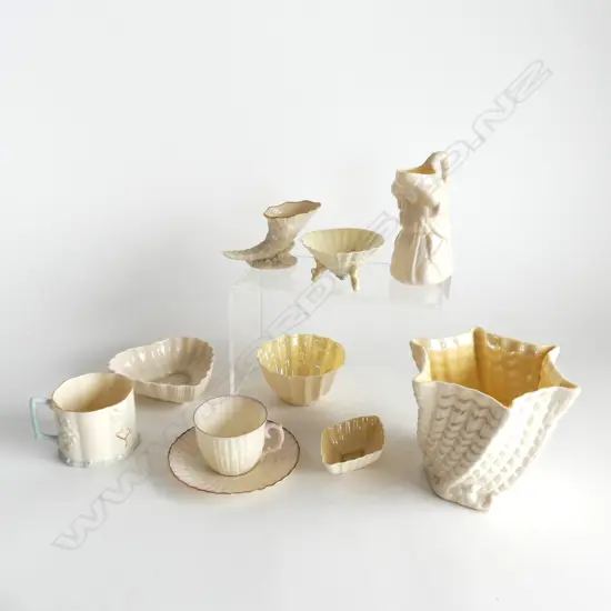 10 PCES BELLEEK GREEN LABEL; C/S, VASE H.110mm, JUG (HAIRLINE), 4 SML DISHES, (1 LENOX)