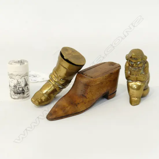 4 PCES; 2 BRASS NOVELTY VESTAS; BOOT (H.45mm) & PIXIE + TREEN SHOE & IVORY CONTAINER H.30mm