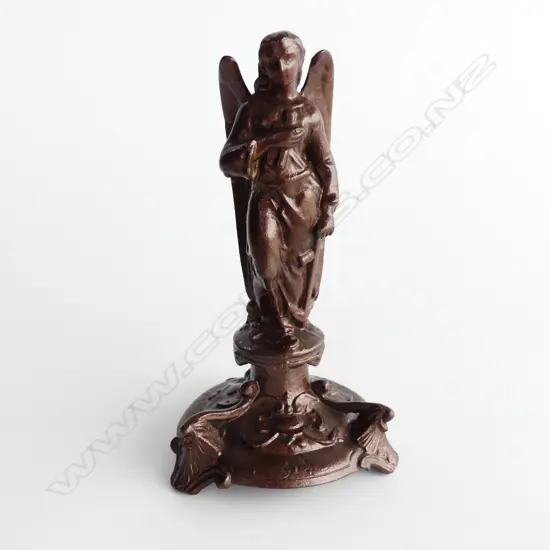 BRONZED SPELTER FIGURE OF AN ANGEL HOLDING A CROSS ON BASE.H 19CM.