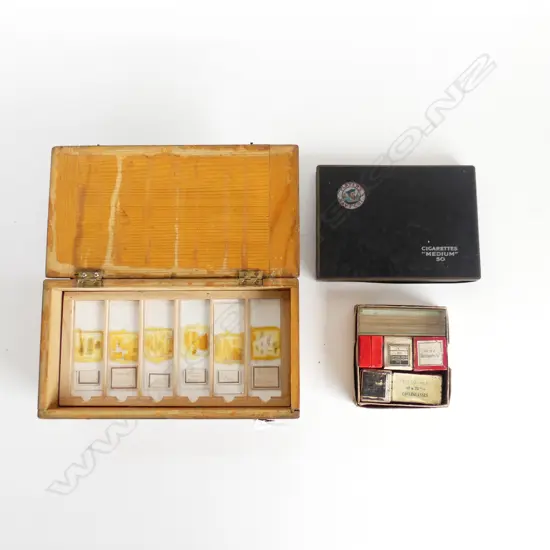 BOX EARLY 20thC BOTANICAL SLIDES W.210mm, GLASS SLIDES & CIGARETTE TIN 