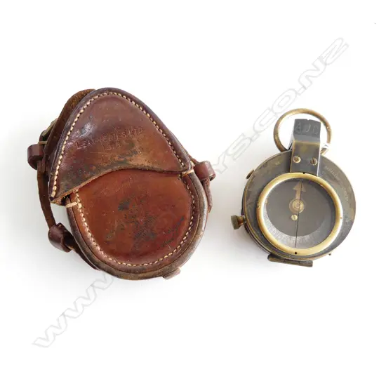 1916 WWI FIELD COMPASS w. MoP RING, LEATHER CASE 55mm dia