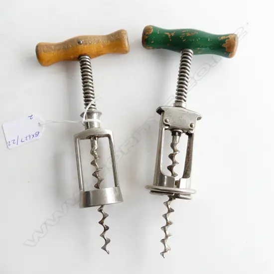 TWO VINTAGE SPRING LOADED CORKSCREWS WITH WOODEN HANDLES L. 190mm