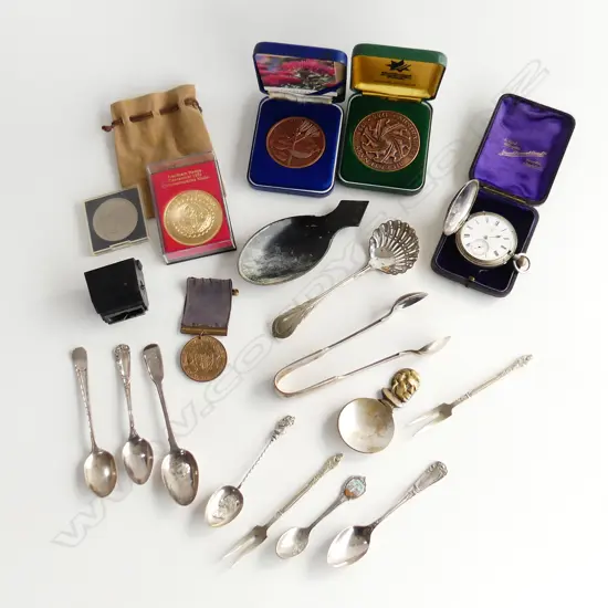 ASST. SPOONS 2 SILVER ETC + COMM. MEDALLIONS + SILVER WATCH ETC