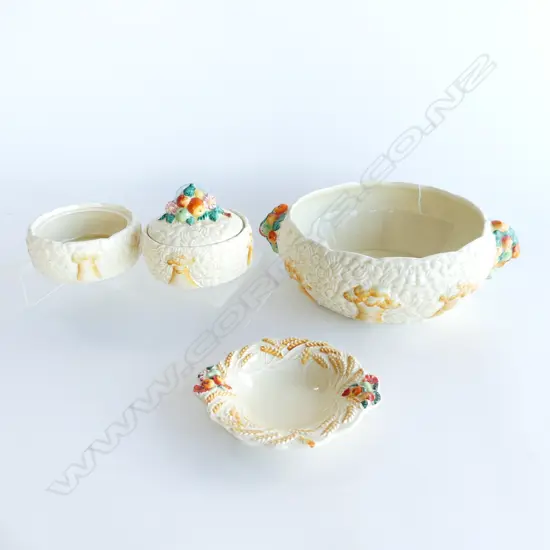 4 PCES CLARICE CLIFF CELTIC HARVEST; LG BOWL 235mm dia chips + 2 CONTAINERS (1 NO LID), DISH