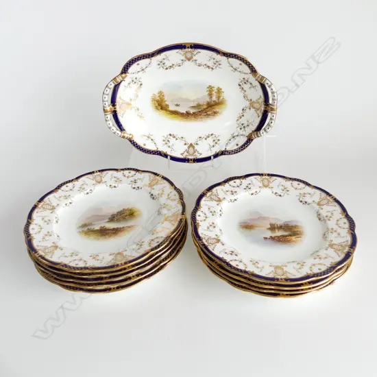 10 VICTORIAN H/PAINTED COALPORT PLATES w. CASTLE SCENES 225mm dia (2 w. HAIRLINES)