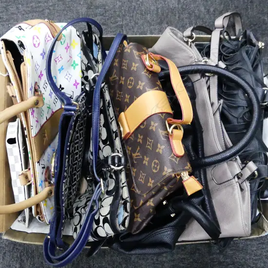 BOX LOT FAKE DESIGNER BAGS; LOUIS VUITTON ETC