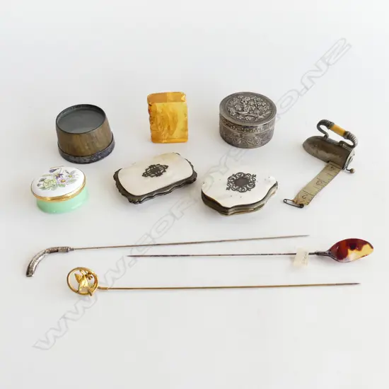 2 VICT. MoP COIN PURSES W.70mm, KAURI GUM BOOK, ORIENTAL SILVER LIDDED CONTAINER 60mm dia, 3 HAT PINS ETC