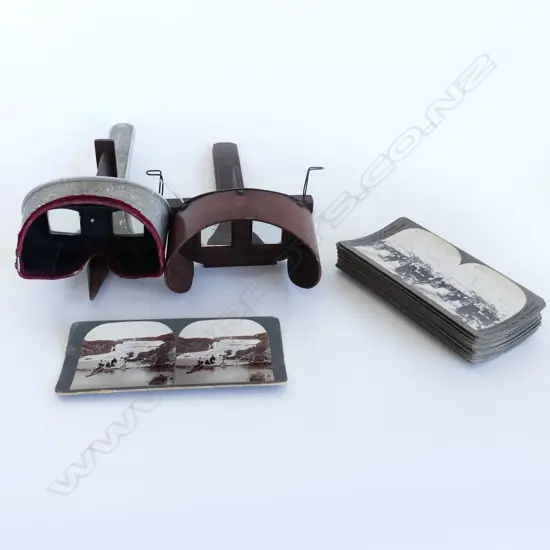 2 OLD STERESCOPES WITH 18 CARDS, ONE MISSING HOLDER, ONE MISSING HANDLE