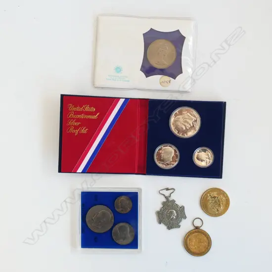 3 SILVER COIN SETS, GREAT WAR MEDAL + 60 YEAR SERVICE MEDAL, DUTCH EXPEDITION CROSS