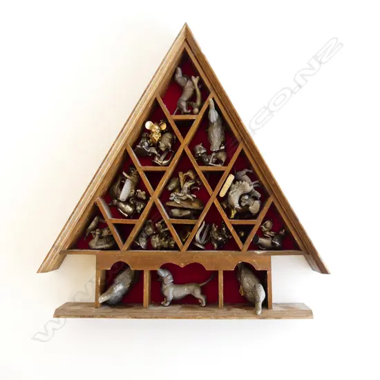 ASST. MINIATURE METAL ANIMALS ETC IN TRIANGULAR WOODEN DISPLAY H.365mm