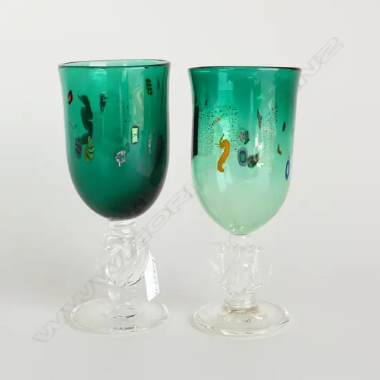 2 TALL PETER VIESNIK ART GLASSES STEMMED GOBLETS w milifiori murines