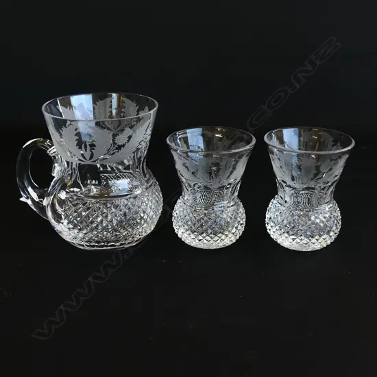 3 EDINBURGH THISTLE CRYSTAL GLASSES; 1 HANDLED + 2 LIQUER