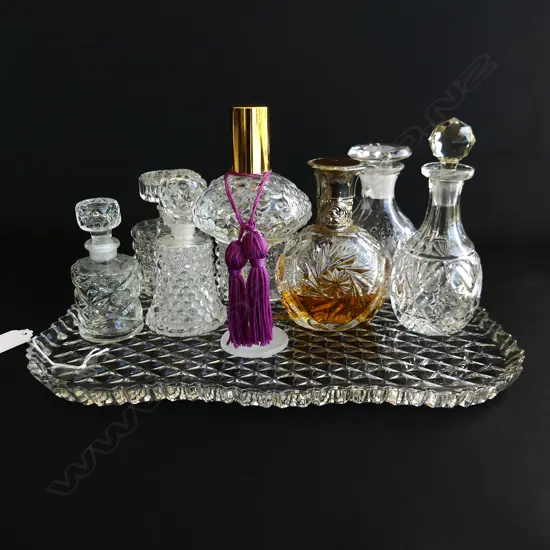 CRYSTAL TRAY (285 X 195mm) & 8 ASST CUT GLASS SCENT BOTTLES