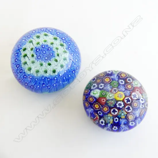 2 MILLEFIORI GLASS PAPERWEIGHTS, DIA. 100, 75mm