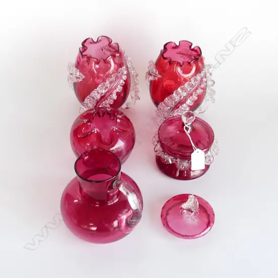 5 PCES VICTORIAN RUBY / CRANBERRY GLASS; PR VASES H.150mm (SMALL 50mm CRACK), JUG, VASE, CONTAINER w. 2 LIDS