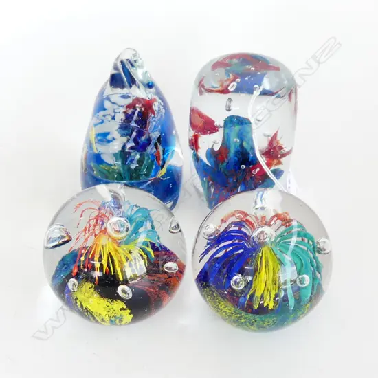 4  ART GLASS PAPERWEIGHTS; NEAR PAIR + 2 SEA THEMED H.105mm