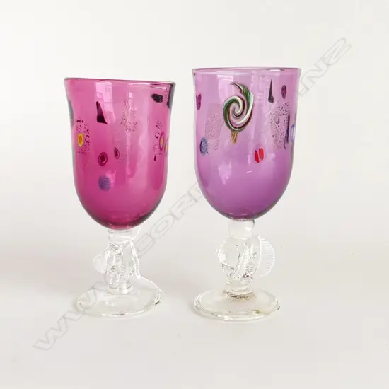2 TALL PETER VIESNIK ART GLASSES STEMMED GOBLETS w milifiori murines