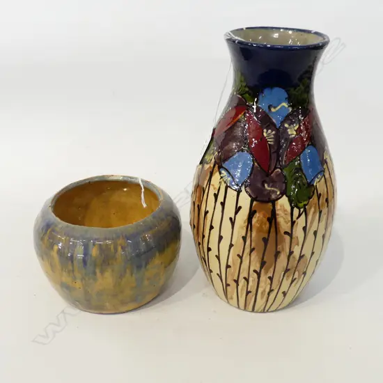 2 STUDIO POTTERY GLAZED VASES; H.260mm (FAULTS), other 150mm dia both marked to base