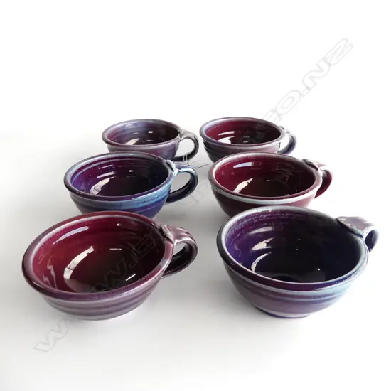 6 LG GLAZED POTTERY CUPS, DIA 137mm, SIG TO BASES