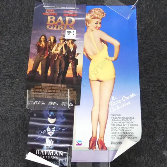 3 VINTAGE MOVIE POSTERS: BETTY GABLE PINUP, 'BAD GIRLS' & 'BATMAN' 1992