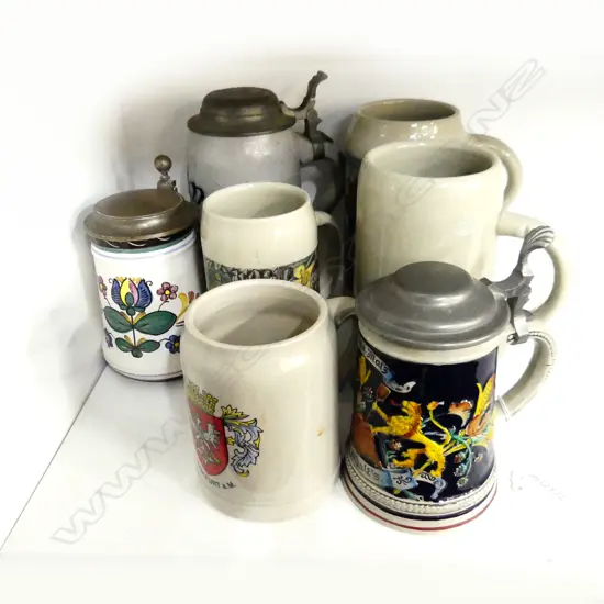 7 VINTAGE GERMAN BEER STEINS INCL. MUNICH PICTORIAL, HB ETC