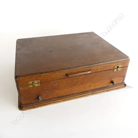 OAK CANTEEN BOX WITH BOTTOM DRAWER, BLACK VELVET LINED INTERIOR L. 350mm