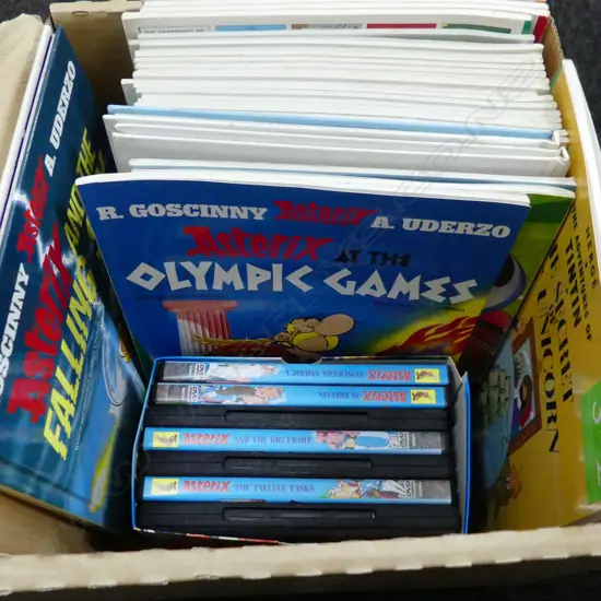 BOX LOT ASTERIX BOOKS ASTERIX DVDS & TINTIN BOOKS