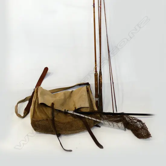 2 VINTAGE CANE FISHING RODS + FOLDING NET & CANVAS BAG