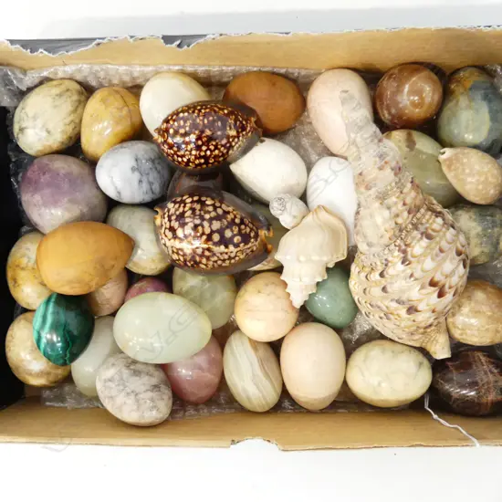 BOX CARVED/TURNED HARDSTONE EGGS + SHELLS