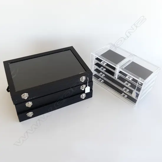 3 BLACK JEWELLERY LIDDED DISPLAY BOXES (240 X 350mm) + 6 DRAWER PERSPEX  DISPLAY OR CRAFT (300 X 155mm) BOX 