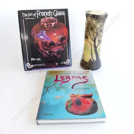 EARLY 20thC H/PAINTED GLASS VASE, MANNER OF LEGRAS, TWILIGHT LANDSCAPE H.275mm + 2 BOOKS; FRENCH GLASS / LEGRAS
