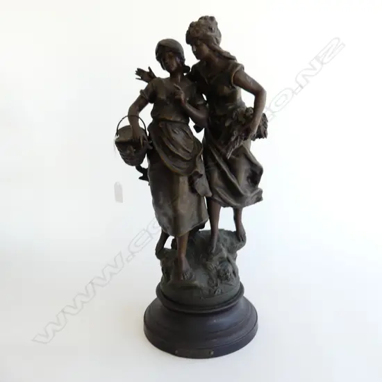 LG ANTIQUE FRENCH SPELTER - 2 WOMEN 'RETOUR DU MARCHE'  H.540mm