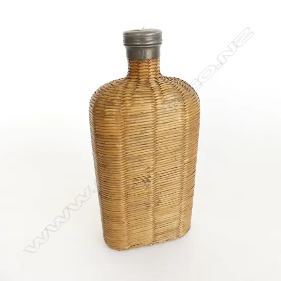 early 20thC FINELY CANE BOUND GLASS FLASK pewter screw lid H.245mm.