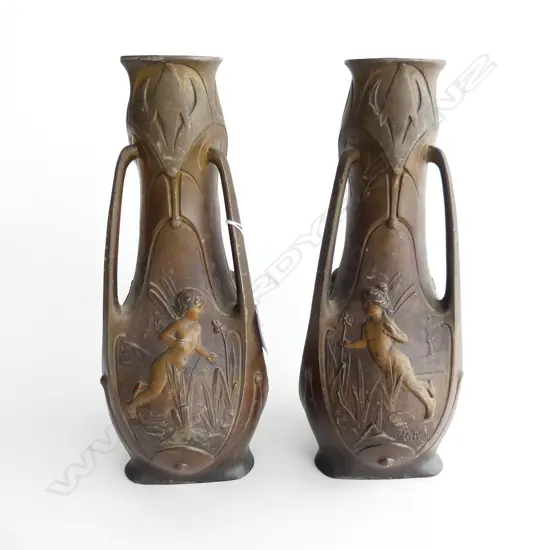 PR BRONZED SPELTER ART NOUVEAU VASES WITH NYMPHS. H. 300mm