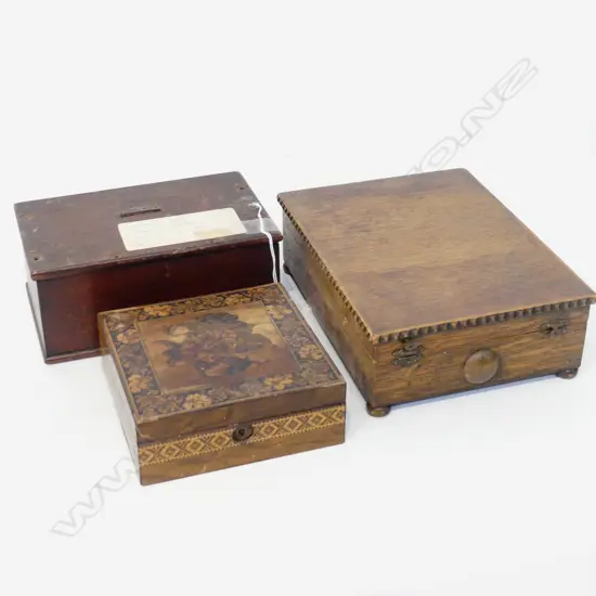 3 VINTAGE WOODEN BOXES; INLAID, COIN SLOT, ETC