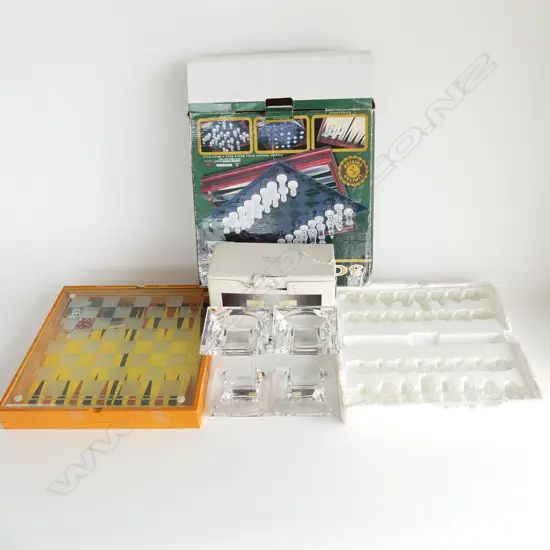 GLASS CHESS / BACKGAMMON SET, BOXED + PR CRYSTAL CANDLE HOLDERS