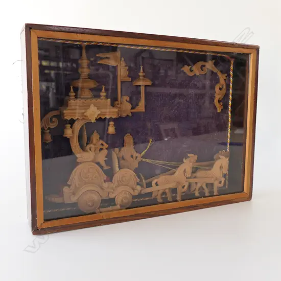 CARVED SANDLEWOOD DIORAMA IN GLAZED BOX