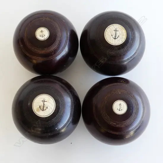 4 VINTAGE LAWN BOWLS w. IVORY INSET 115mm dia