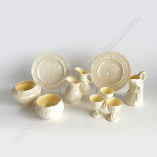 10 PCES BELLEEK GREEN LABEL; 3 EGGCUPS, 3 JUGS, 2 VASES (1 AF), 2 SAUCERS