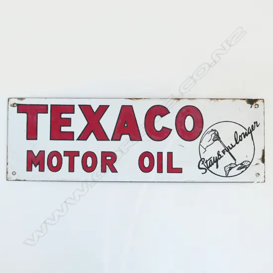 VINTAGE TEXACO MOTOR OIL 'STAYS FULL LONGER' ENAMEL SIGN. 460 X 150mm