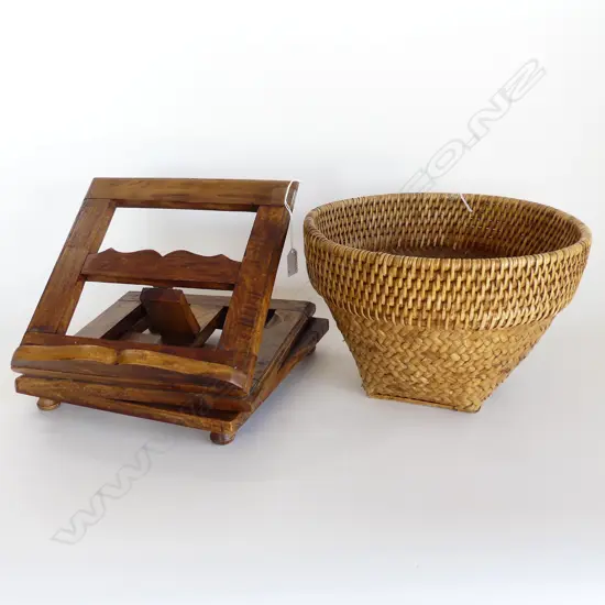 WOODEN BOOKSTAND 300x300mm + WOVEN CANE BASKET 340mm dia