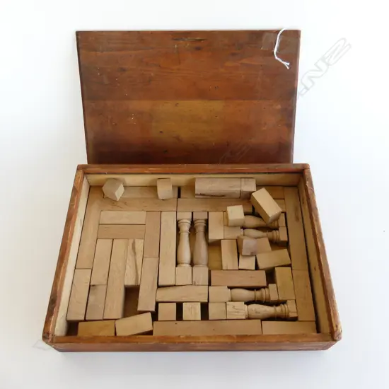 BOX VINTAGE WOODEN TOY BUILDING BLOCKS W.350mm