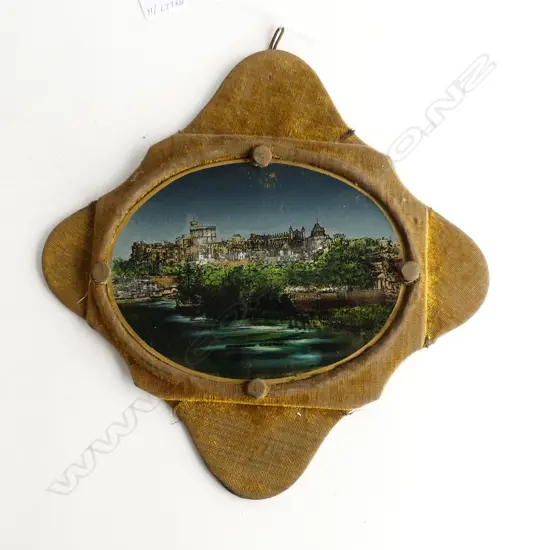 VICTORIAN FRAMED WINSDOR CASTLE HAND PAINTED ON GLASS WITH MOTHE OF PEARL INCLUSIONS L. 300mm