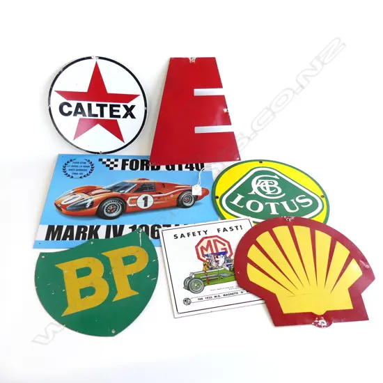 4 TIN PETROL SIGNS, LOTUS & MG ENAMEL SIGNS & FORD GT40 REPRO SIGN